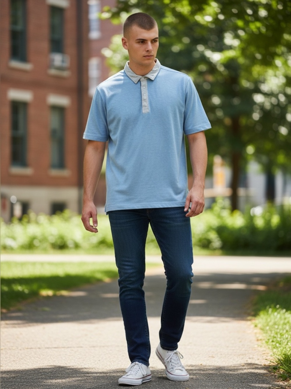Travis Mathew Polo Shirt Men L Blue Pima Cotton Golf Contrast Collar Performance